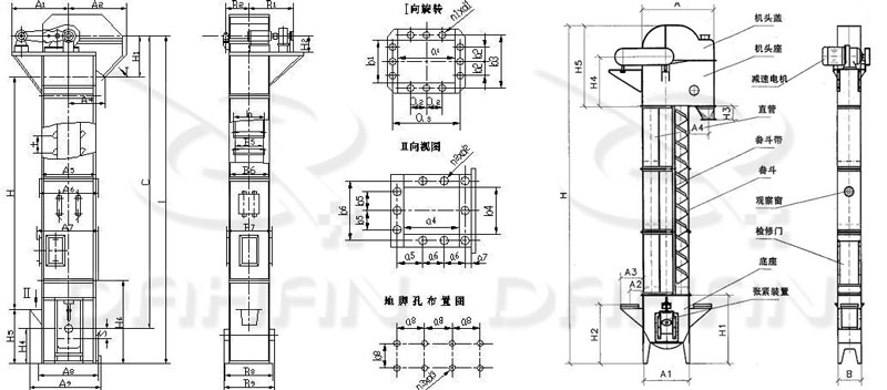 TD/D型斗式提升機基本結構:機頭蓋，機頭座，減速電機，直管，底座，緊張裝置等。