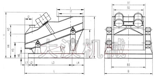 ZSG礦用振動篩外形示意圖：B為礦用振動篩寬度，L為礦用振動篩長度。H為礦用振動篩高度等。