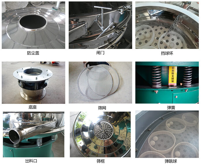 直徑600型振動篩細節：網架，料斗，篩框，擋球環，防塵蓋，閘門，出料口。