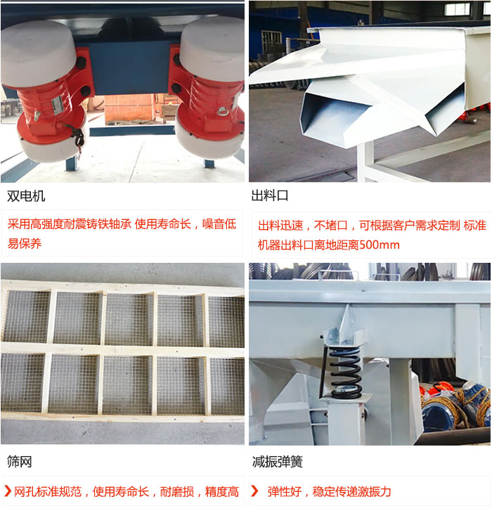 直線振動篩優勢：雙電機：采用高強度耐震鑄鐵軸承 使用壽命長，噪音低，易保養 出料口：出料迅速，不堵口，可根據客戶需求定制 標準機器出料口離地距離500mm 篩網：網孔標準規范，使用壽命長，耐磨損，精度高 減振彈簧：彈性好，穩定傳遞激振力