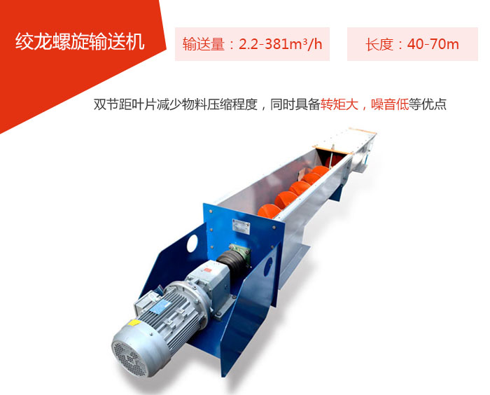 絞龍螺旋輸送機輸送量：2.2-381m3/h 長度：40-70m 雙節距葉片減少物料壓縮程度，同時具備轉矩大，噪音低等優點。