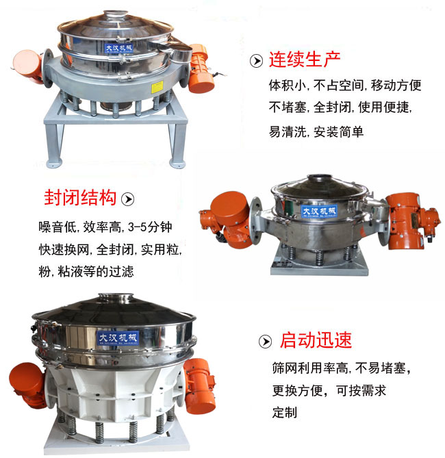 直徑1000mm直排篩特點：連續生產：體積小，不占空間，移動方便，不堵塞，全封閉，使用便捷，易清洗，安裝簡單。封閉結構：噪音低，效率高，3-5分鐘，快速換網，全封閉，實用粒，粉粘液等的過濾。啟動迅速：篩網利用率高，不易堵塞，更換方便，可按需求定制。