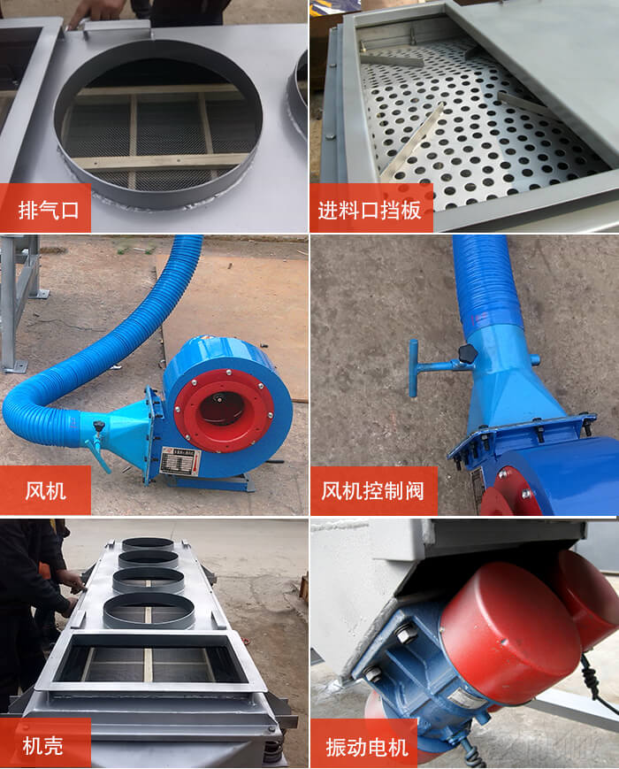  降溫直線振動篩細節：風機閘門，風機電機配件，出風口，進料口，振動電機。